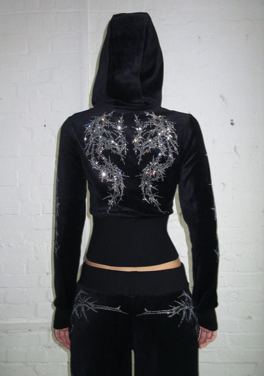 CURSE RHINESTONE VELOUR ZIP HOODIE BLACK - Image 3