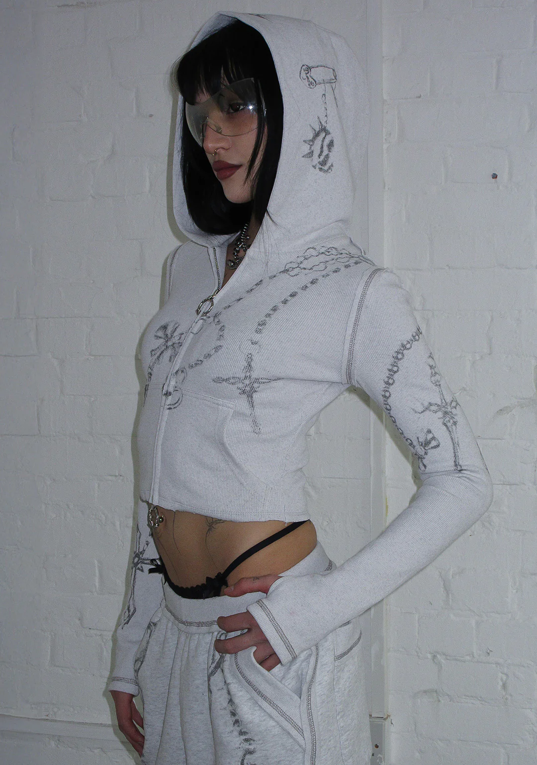 DESTROY CROPPED FITTED RIB ZIP HOODIE GREY MARL - Image 3