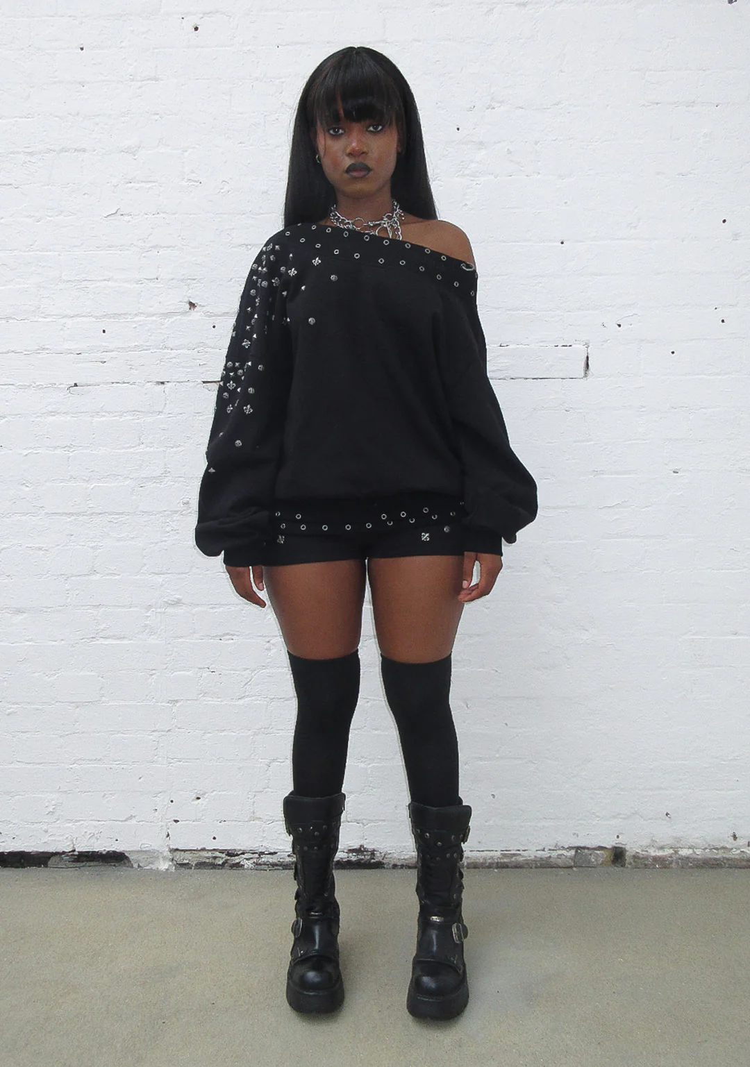 MIDNIGHT STUDDED OFF THE SHOULDER SWEATER BLACK - Image 5