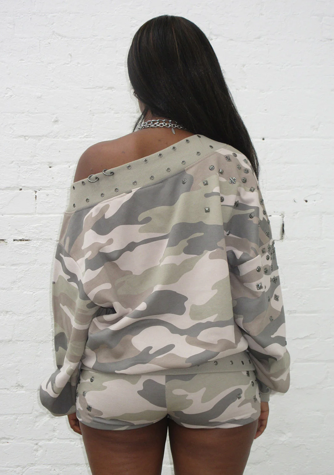 MIDNIGHT STUDDED OFF THE SHOULDER SWEATER CAMO - Image 4