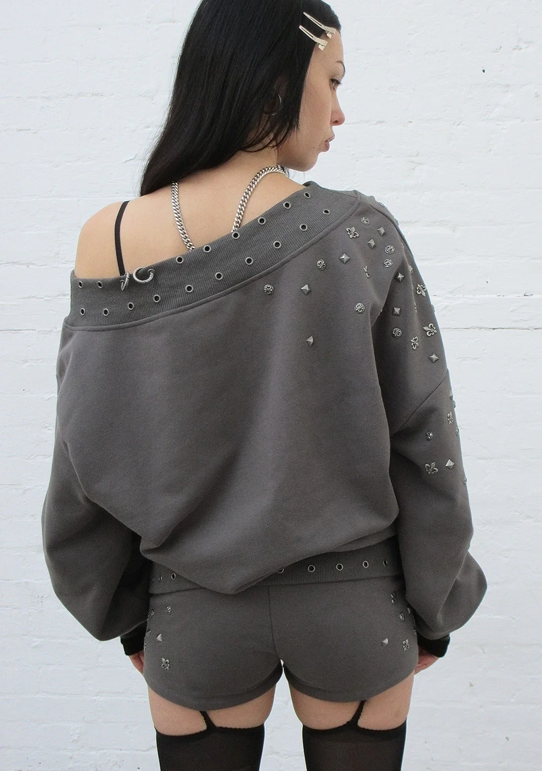 MIDNIGHT STUDDED OFF THE SHOULDER SWEATER CHARCOAL - Image 3