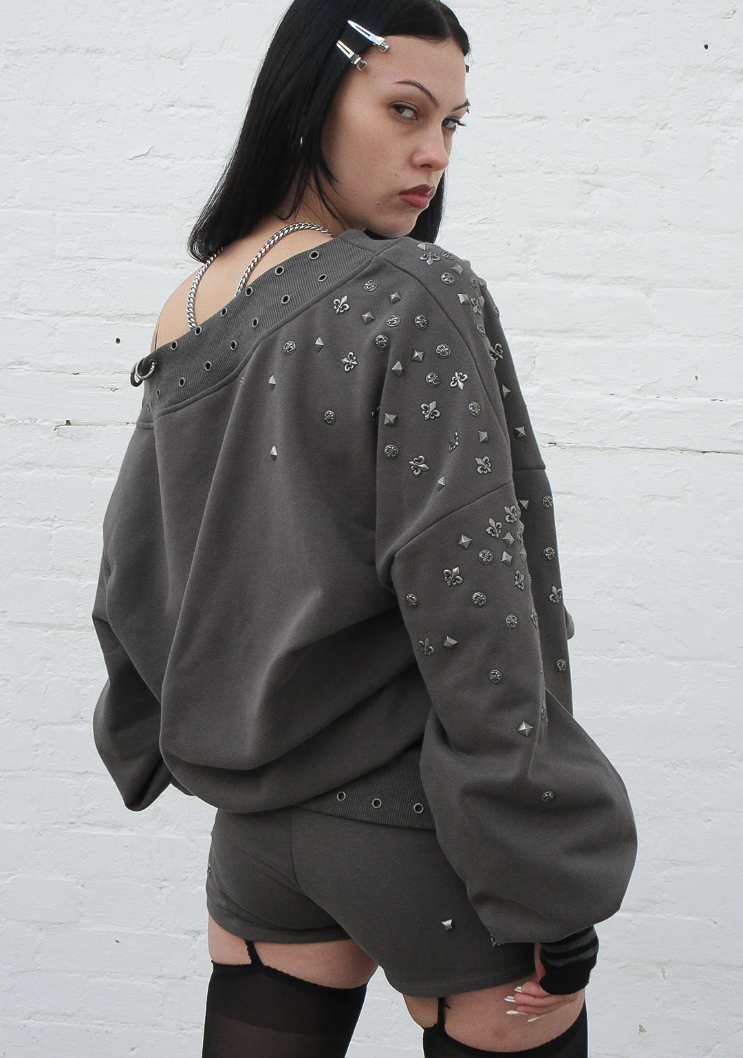 MIDNIGHT STUDDED OFF THE SHOULDER SWEATER CHARCOAL - Image 5