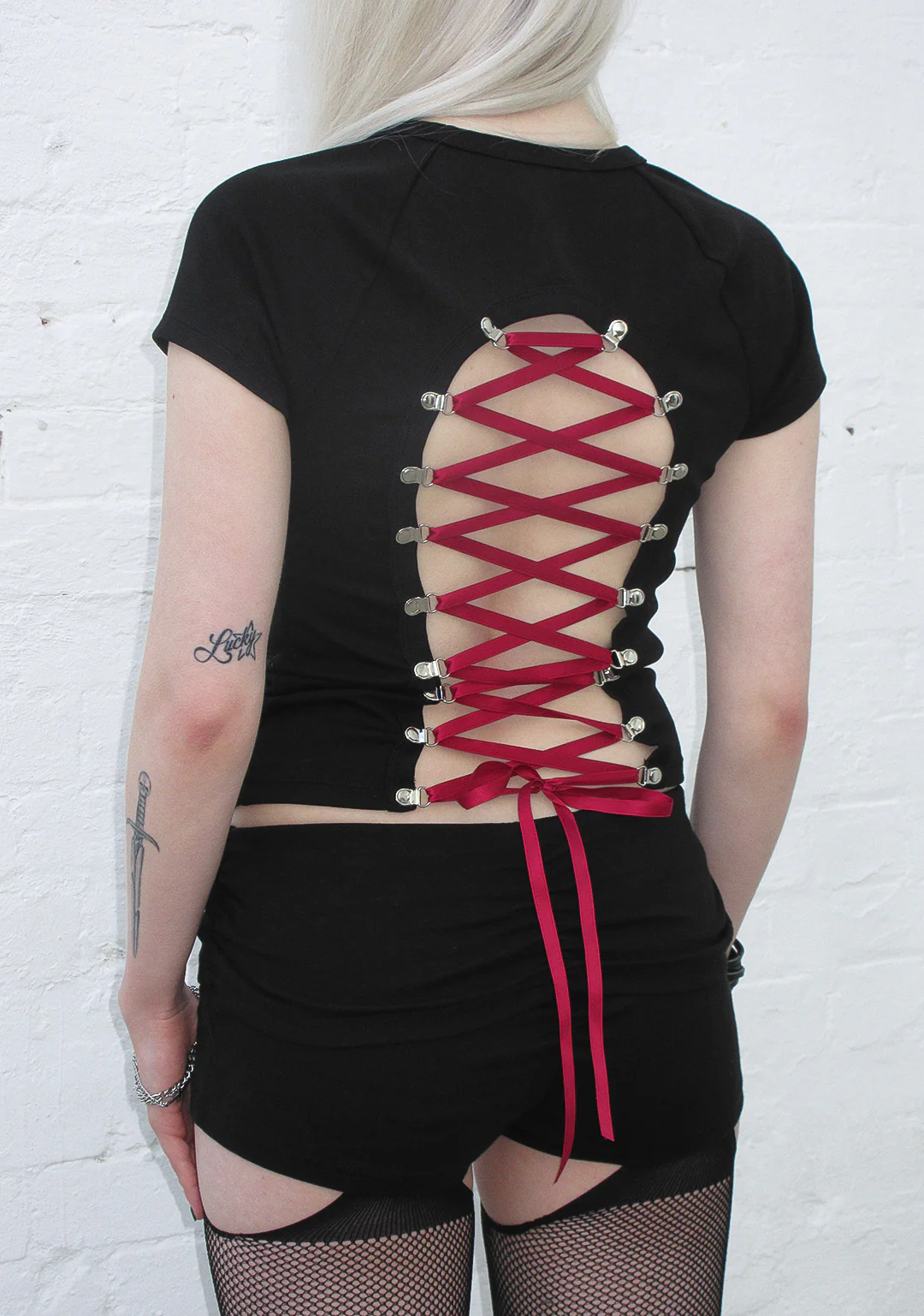 REBEL LACE UP BABY TEE BLACK AND RED - Image 3