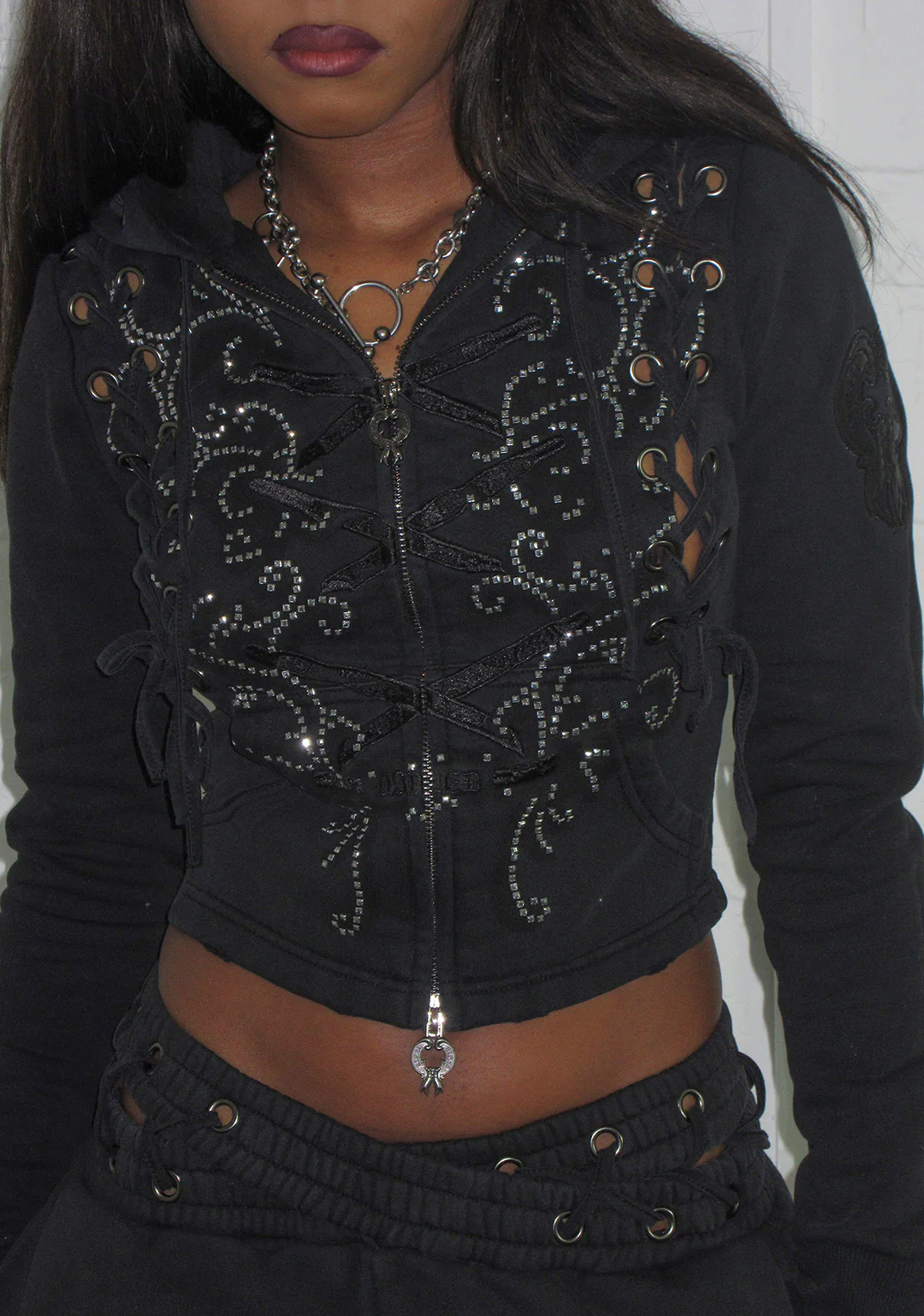 VENDETTA LACE UP FITTED ZIP HOODIE BLACK VINTAGE WASH - Image 4